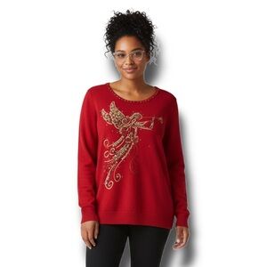 Quacker Factory Women’s Sweater Long Sleeve Christmas Holiday Angel Red 2X